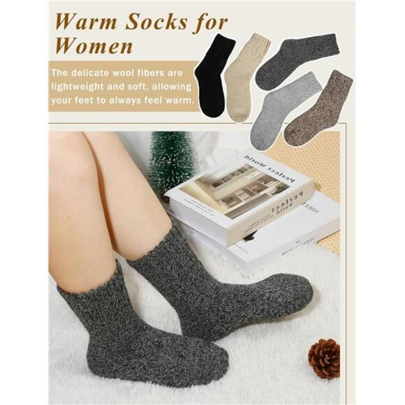 Womens Thick Wool Winter Boot Socks Cozy Warm Fuzzy Crew Cold Weather 5 Pack - Picture 5 of 7